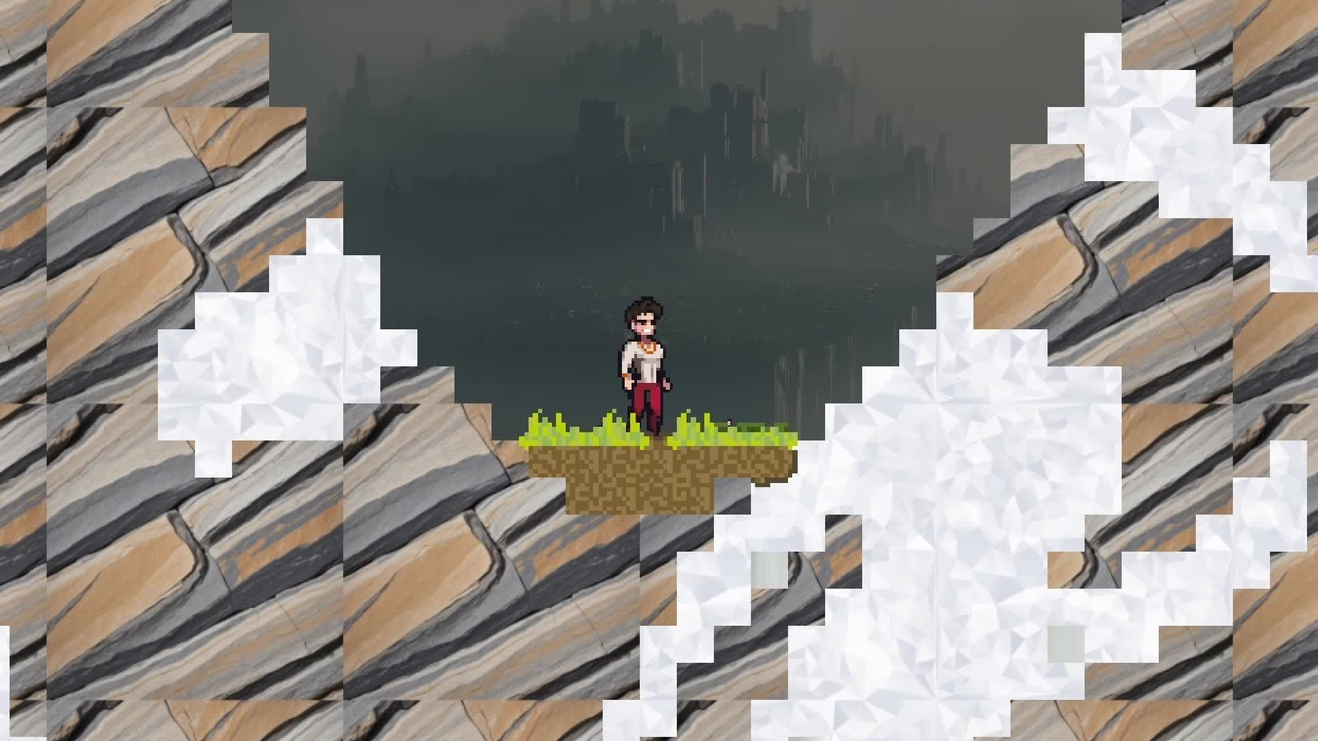 Bunnies hop around the player in a small valley