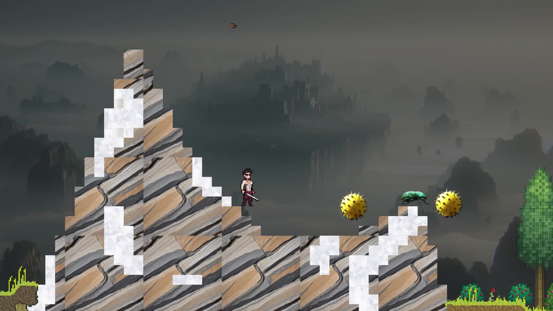 The Player runs and jumps through a pack of mostly airborne monsters, coming out the other side unscathed.