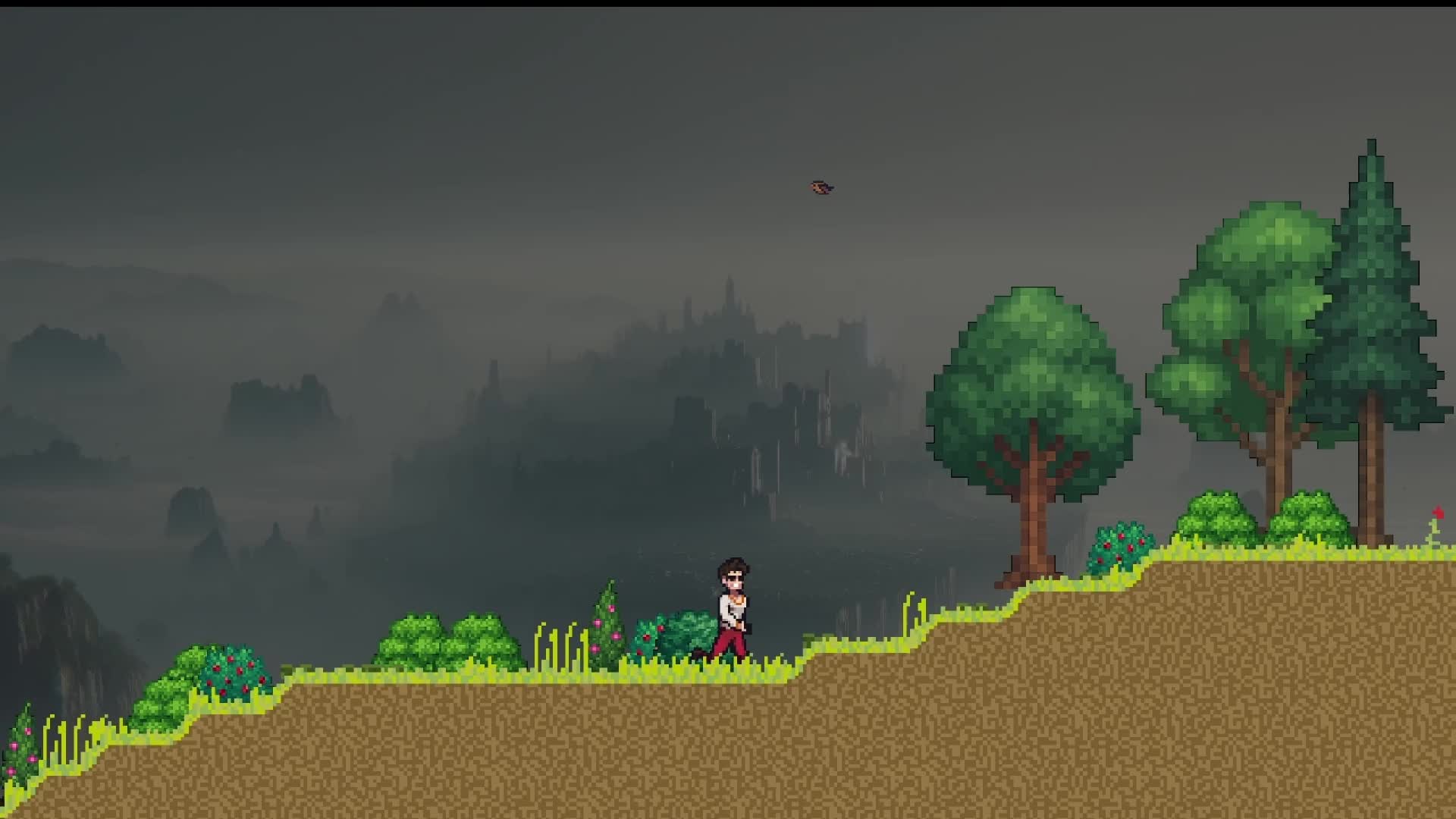 The Player runs past a small flock of birds flying overhead