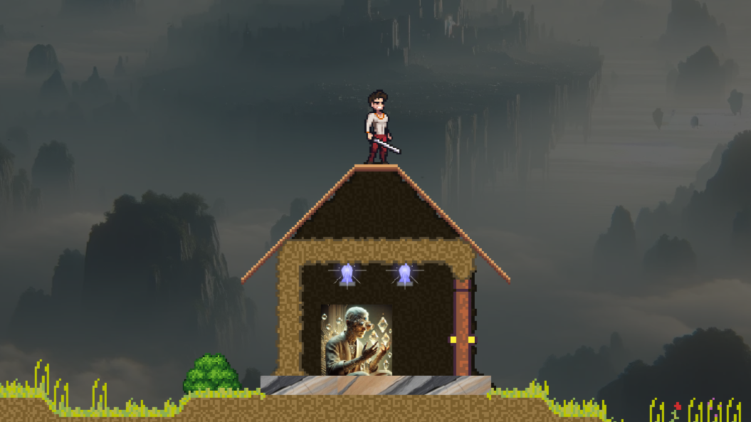 The Player stands atop a house for the Sage, with a slanted roof